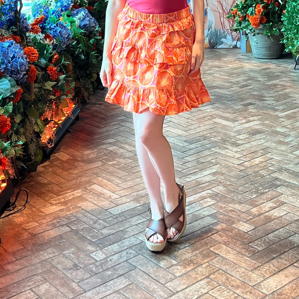 Walter Baker Tiered Orange Printed Ruffled Skirt 30 Inch Waist